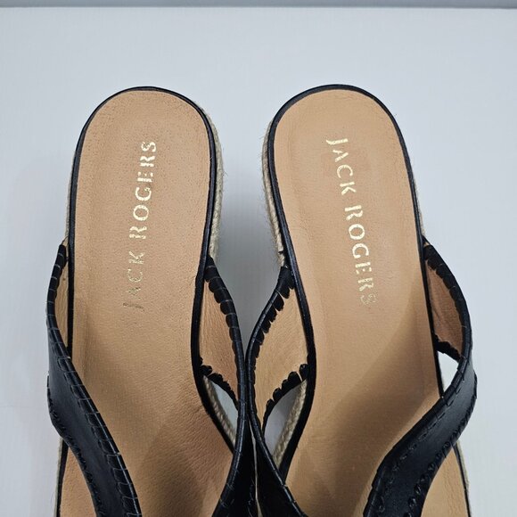 NEW Jack Rogers Rowan Wedge Women 11 Black Leather Thong Jute Sandal Espadrille - Picture 8 of 13